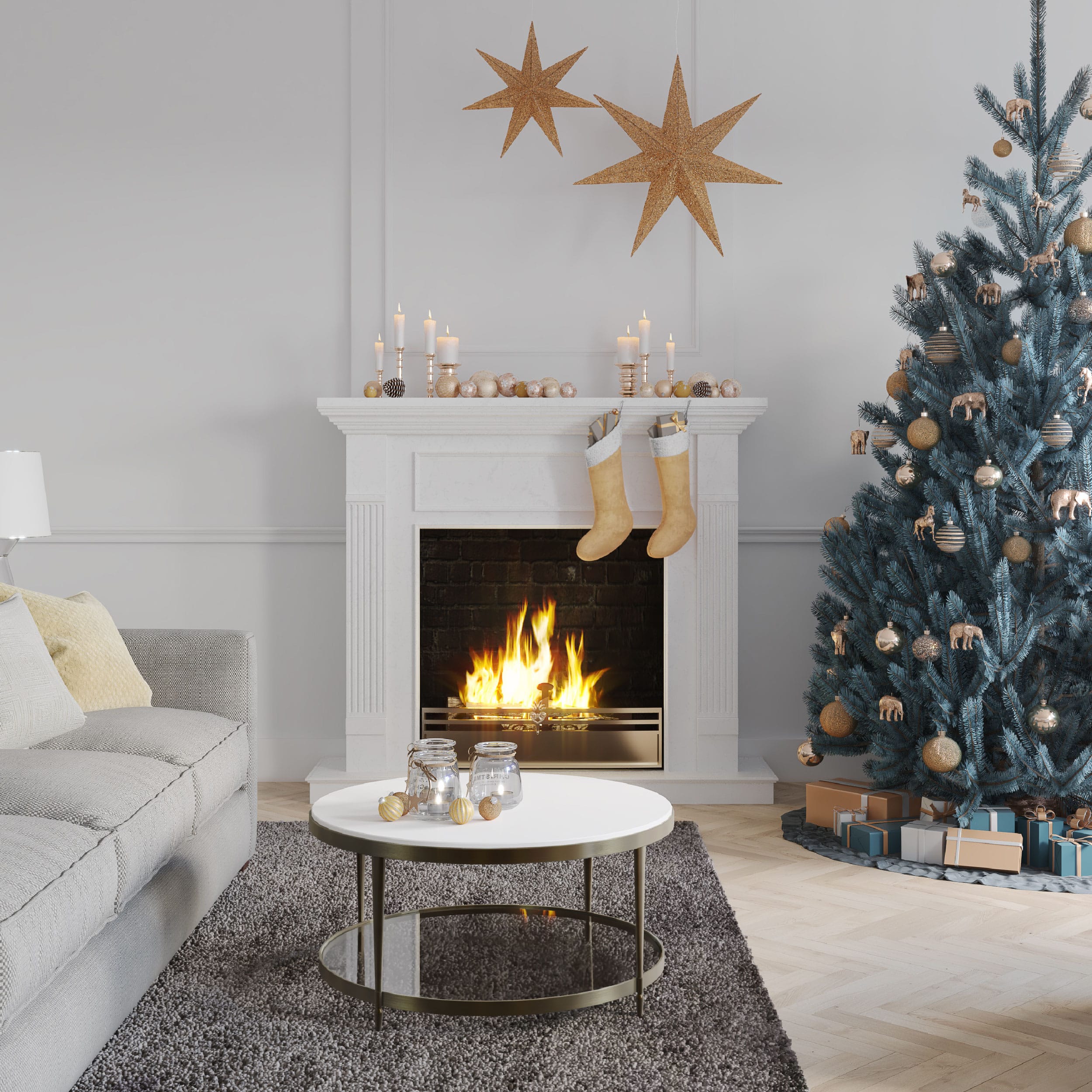 tree beside decorate fireplace and mantel